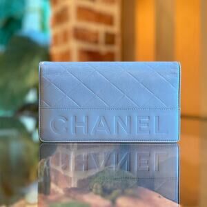 CHANEL Logo Flap Blue Quilted Wallet